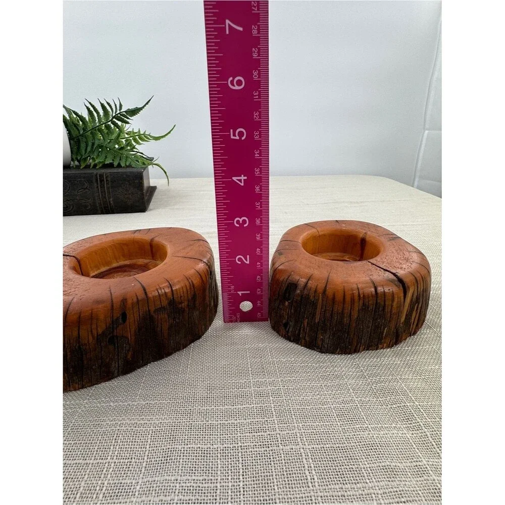Vintage Hand Turned Natural Wood Log Votive Candle Holders Rustic Cabin Decor